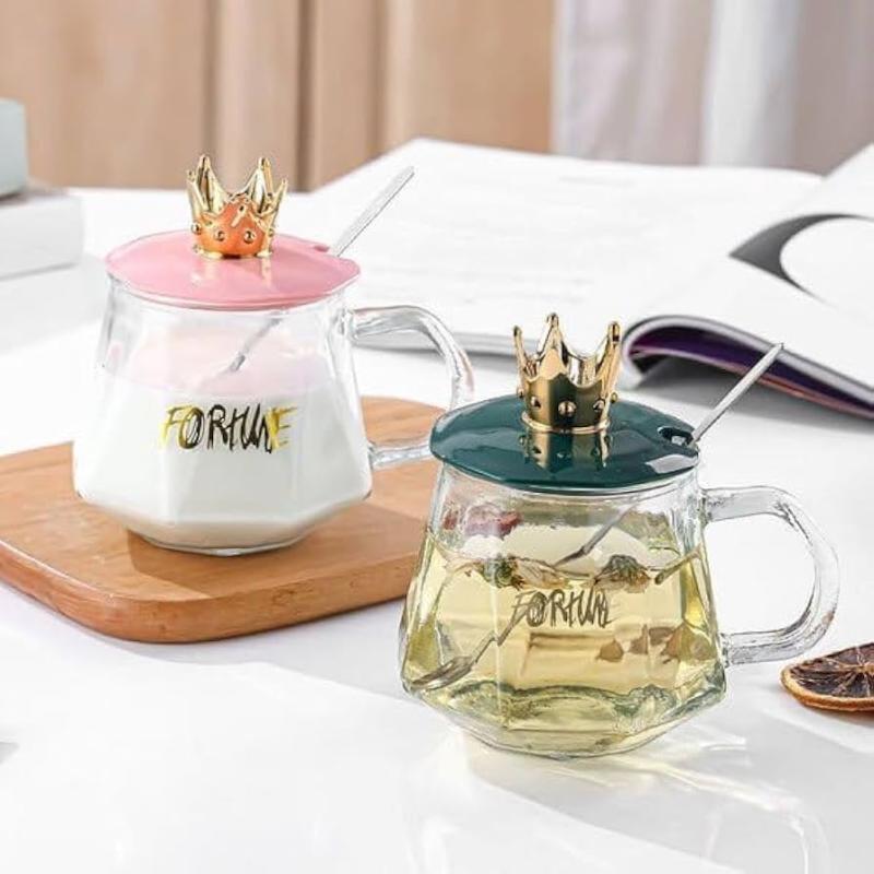 Crown Shape Tea-Coffee Mug,Glass Cup with Handle, Stainless Steel Spoon, for Chocolate, Beverages, Tea, Coffee, Water, Juice, (Set of 1)